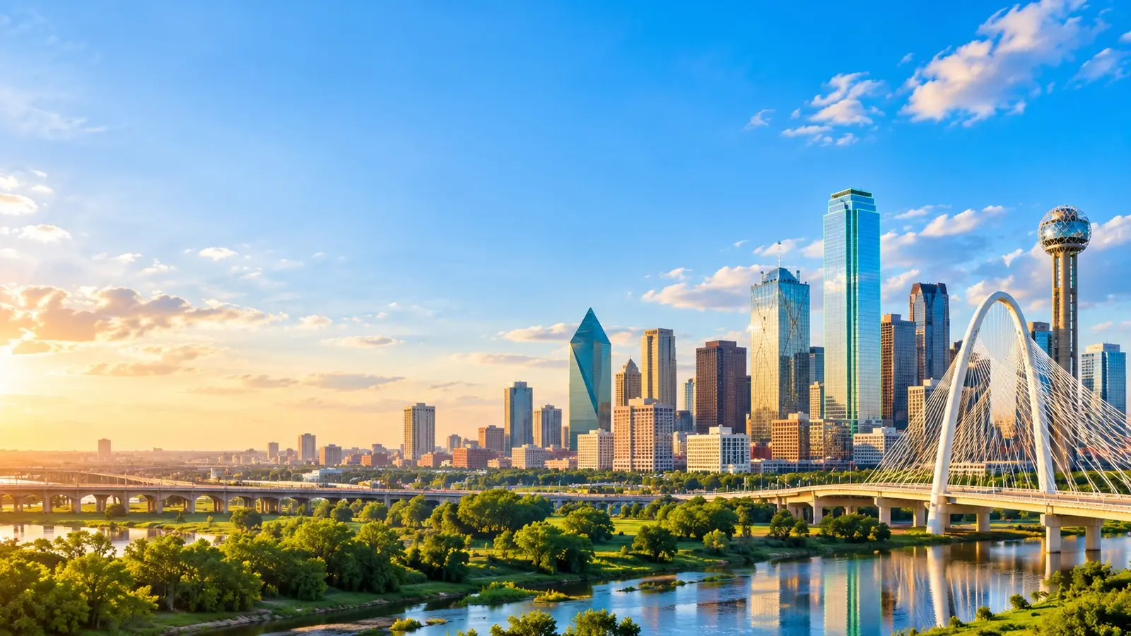 Dallas, Texas skyline with the arch bridge over the Trinity River